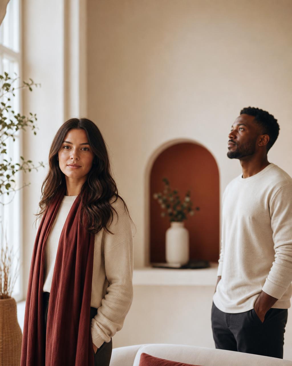 A man and a woman in a warm, light-filled space, each represented as an individual on a healing journey